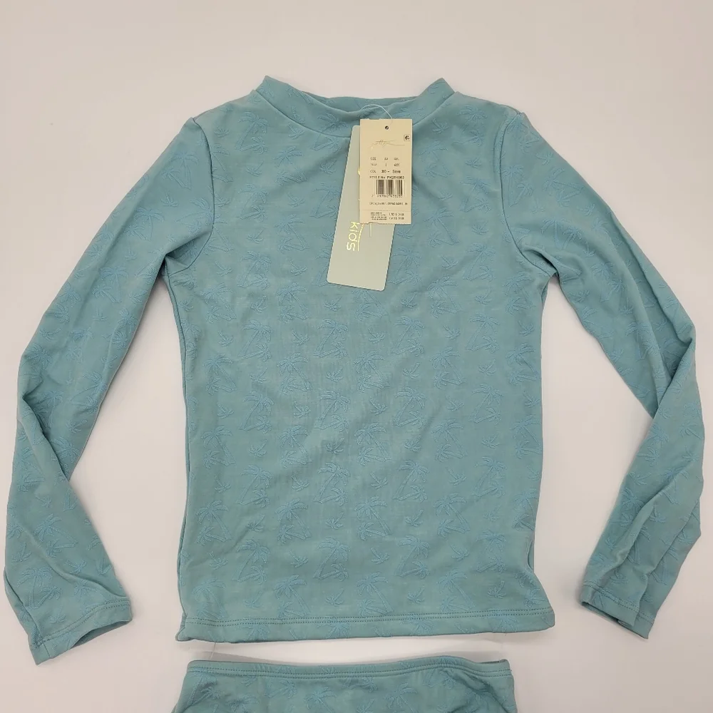 Gottex Kids Swim Set Long Sleeve Rashgaurd Teal Blue Palm Print Size 5 NEW